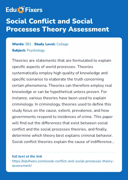 Social Conflict and Social Processes Theory Assessment - Essay Preview