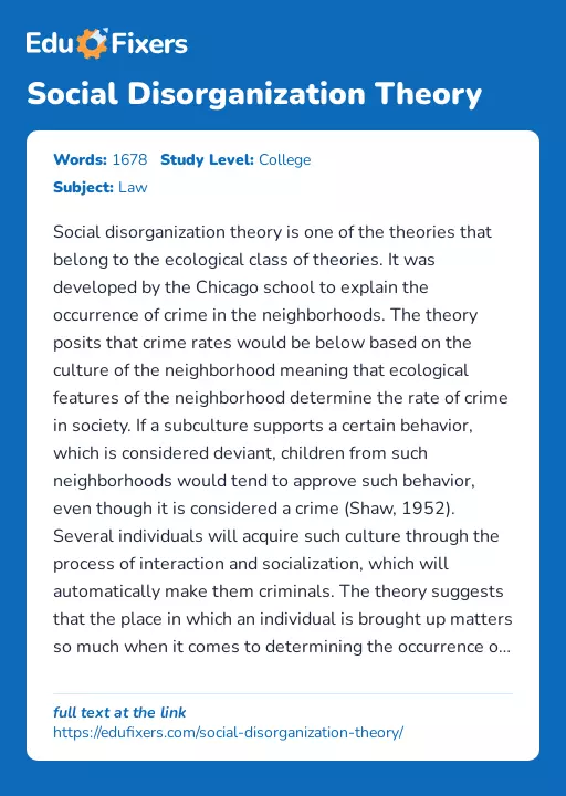 Social Disorganization Theory - Essay Preview