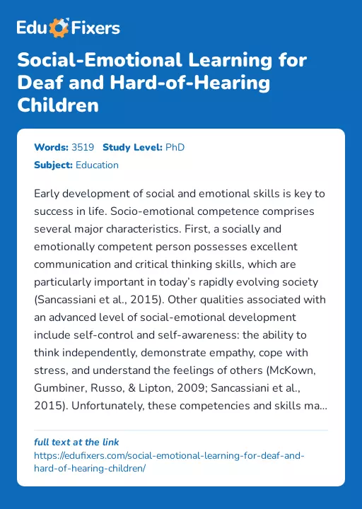 Social-Emotional Learning for Deaf and Hard-of-Hearing Children - Essay Preview