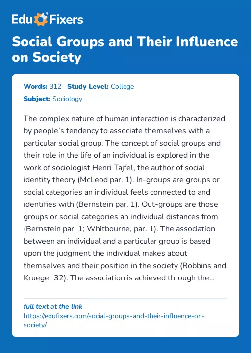Social Groups and Their Influence on Society - Essay Preview