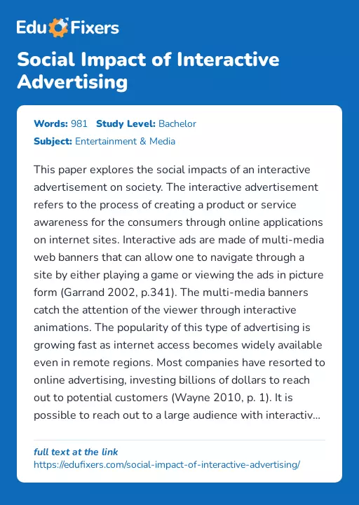 Social Impact of Interactive Advertising - Essay Preview