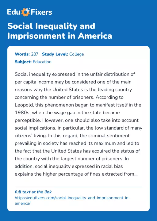 Social Inequality and Imprisonment in America - Essay Preview