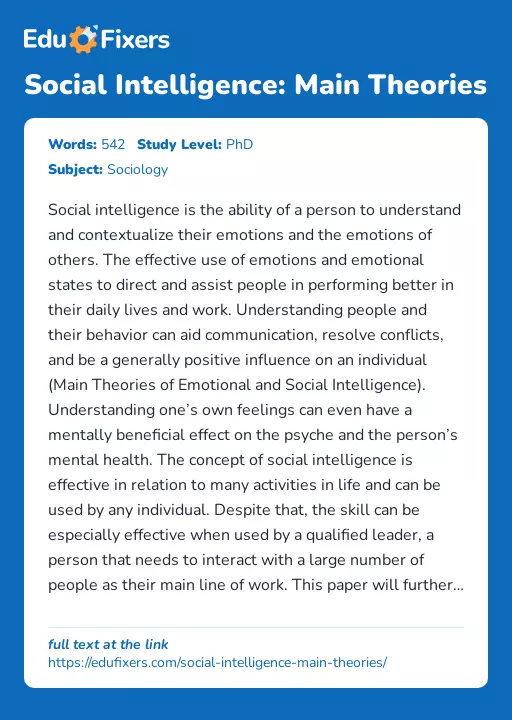 Social Intelligence: Main Theories - Essay Preview