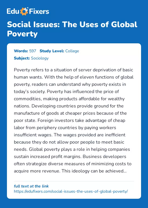 Social Issues: The Uses of Global Poverty - Essay Preview