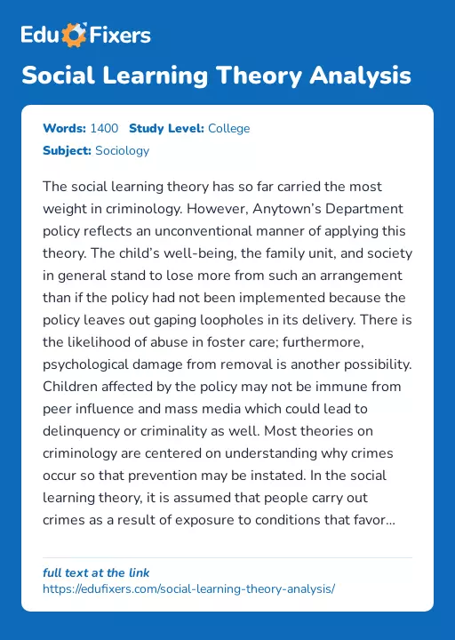 Social Learning Theory Analysis - Essay Preview