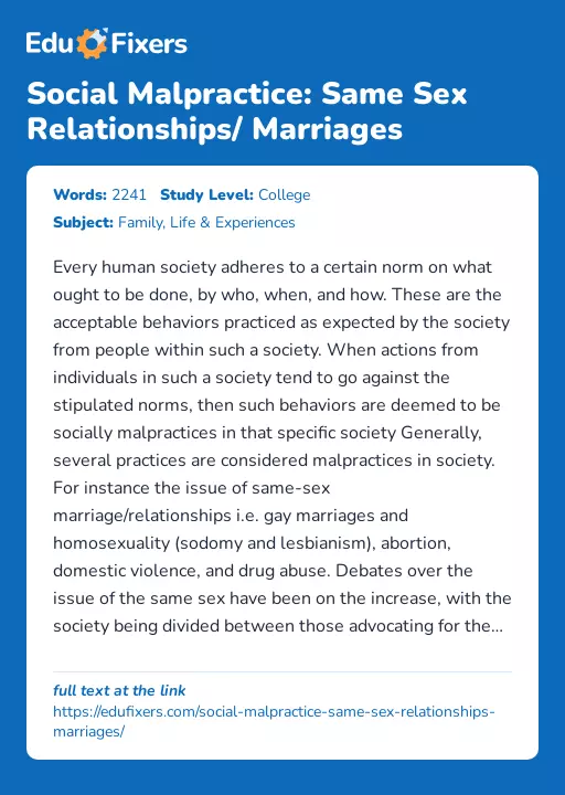 Social Malpractice: Same Sex Relationships/ Marriages - Essay Preview