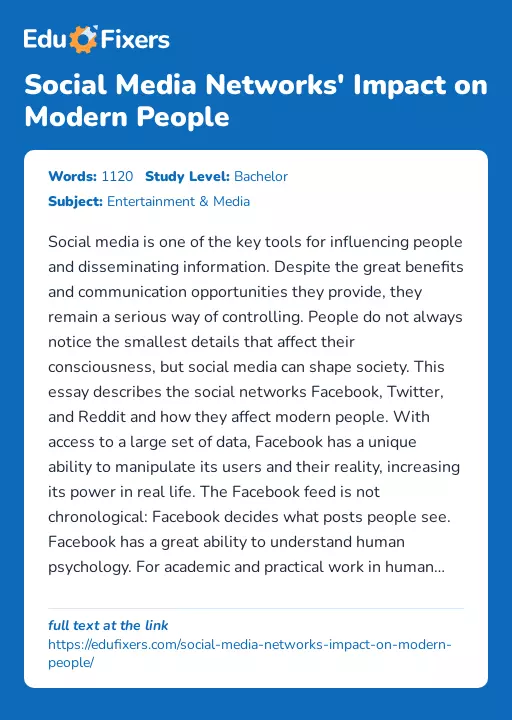 Social Media Networks' Impact on Modern People - Essay Preview