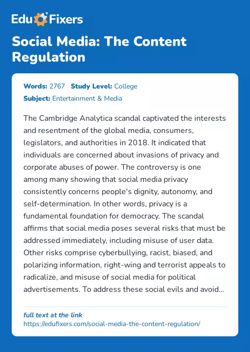 Social Media: The Content Regulation - Essay Preview