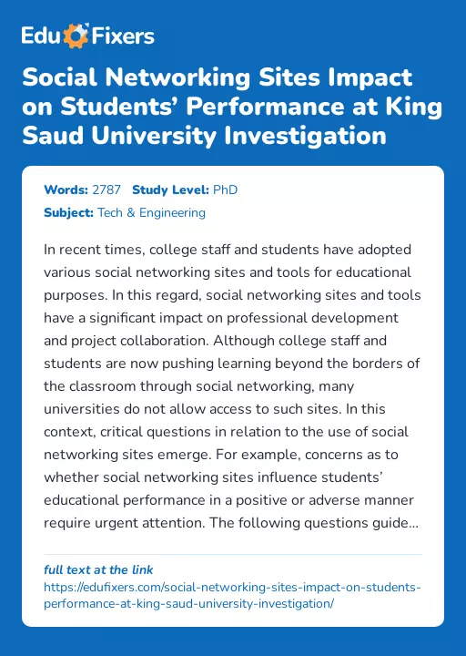 Social Networking Sites Impact on Students’ Performance at King Saud University Investigation - Essay Preview