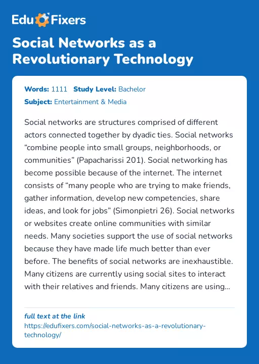 Social Networks as a Revolutionary Technology - Essay Preview