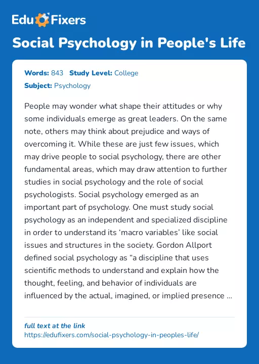 Social Psychology in People's Life - Essay Preview