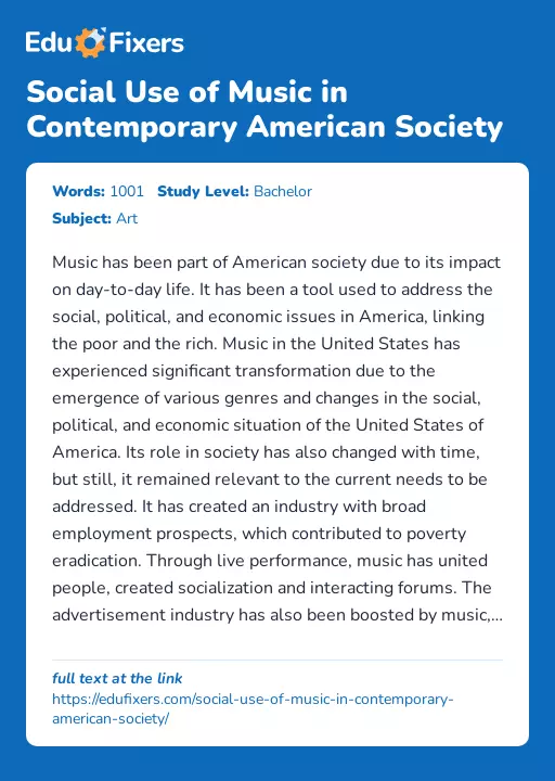 Social Use of Music in Contemporary American Society - Essay Preview