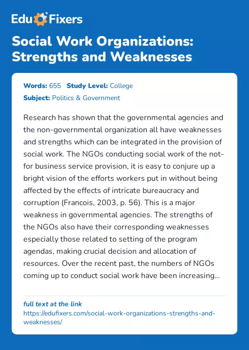 Social Work Organizations: Strengths and Weaknesses - Essay Preview