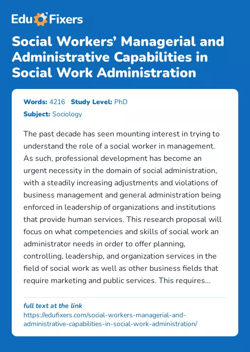 Social Workers’ Managerial and Administrative Capabilities in Social Work Administration - Essay Preview