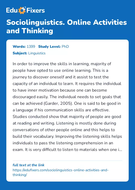 Sociolinguistics. Online Activities and Thinking - Essay Preview
