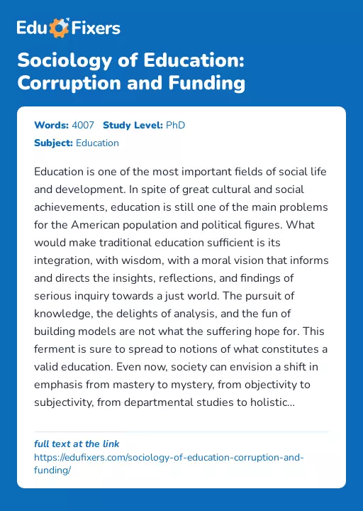 Sociology of Education: Corruption and Funding - Essay Preview