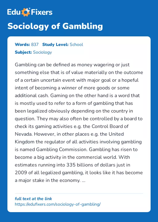 Sociology of Gambling - Essay Preview