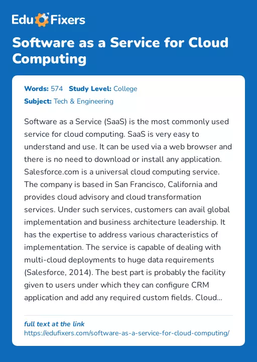 Software as a Service for Cloud Computing - Essay Preview