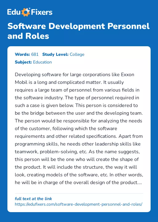 Software Development Personnel and Roles - Essay Preview
