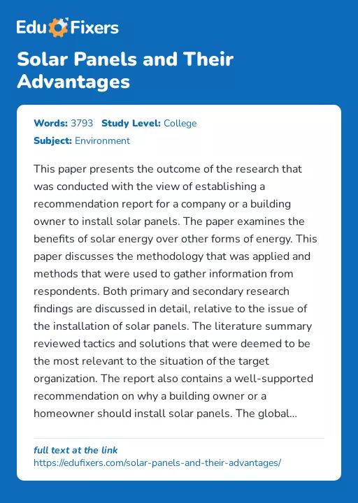 Solar Panels and Their Advantages - Essay Preview