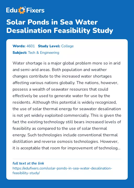Solar Ponds in Sea Water Desalination Feasibility Study - Essay Preview