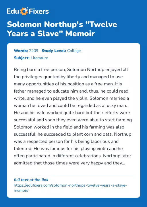 Solomon Northup's "Twelve Years a Slave" Memoir - Essay Preview
