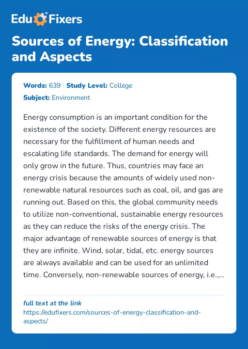Sources of Energy: Classification and Aspects - Essay Preview