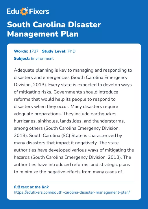 South Carolina Disaster Management Plan - Essay Preview