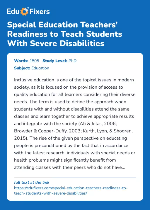 Special Education Teachers’ Readiness to Teach Students With Severe Disabilities - Essay Preview