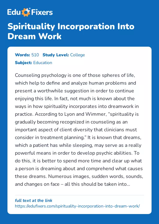 Spirituality Incorporation Into Dream Work - Essay Preview