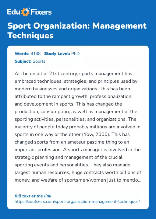 Sport Organization: Management Techniques - Essay Preview