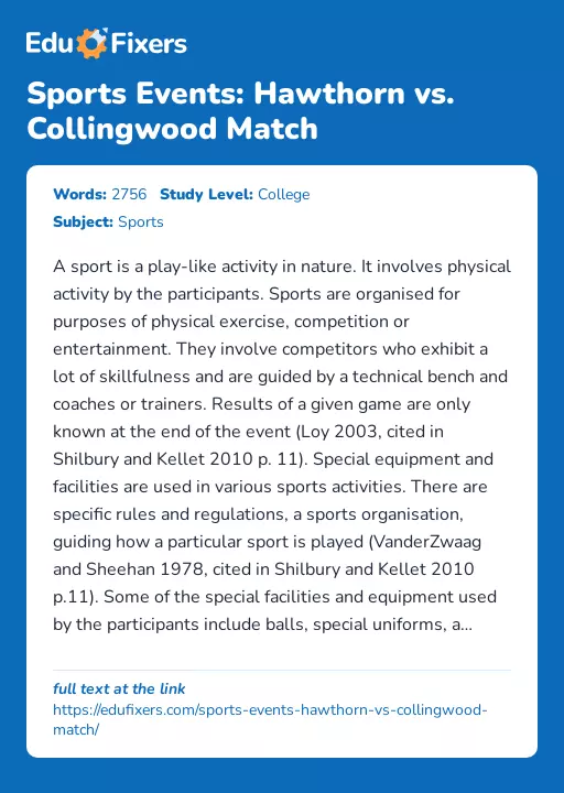 Sports Events: Hawthorn vs. Collingwood Match - Essay Preview