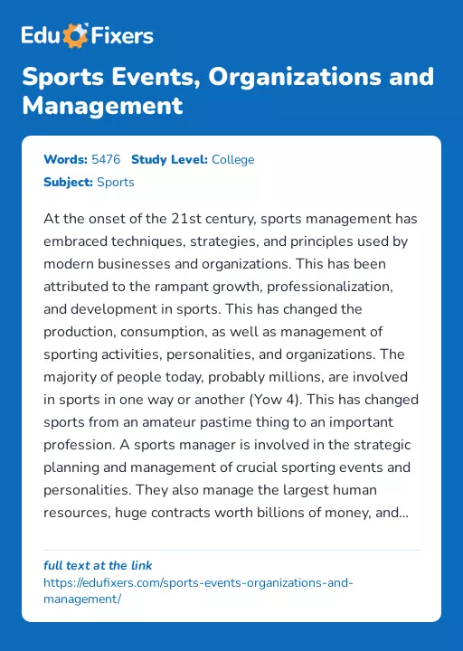 Sports Events, Organizations and Management - Essay Preview