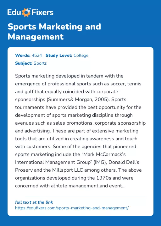 Sports Marketing and Management - Essay Preview