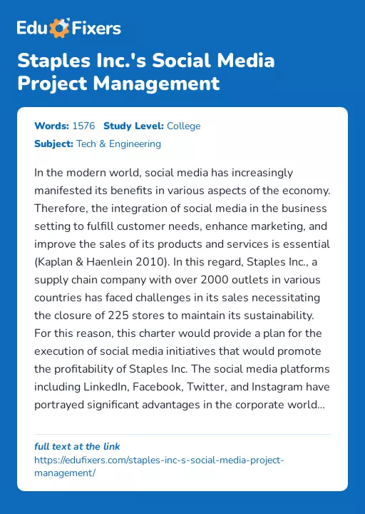Staples Inc.'s Social Media Project Management - Essay Preview
