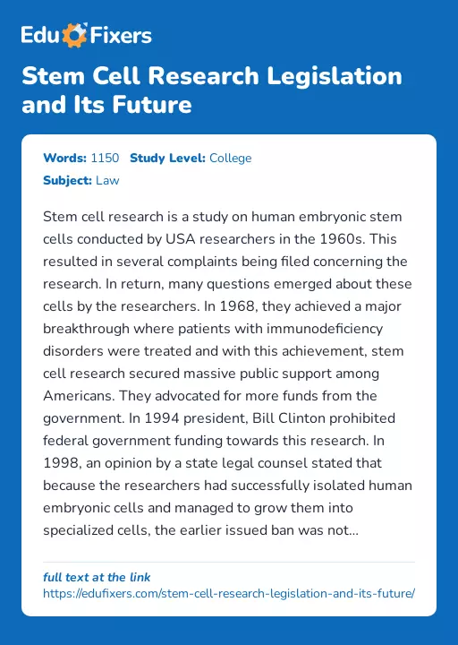 Stem Cell Research Legislation and Its Future - Essay Preview