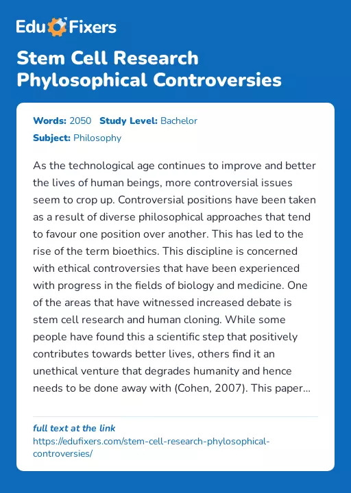 Stem Cell Research Phylosophical Controversies - Essay Preview
