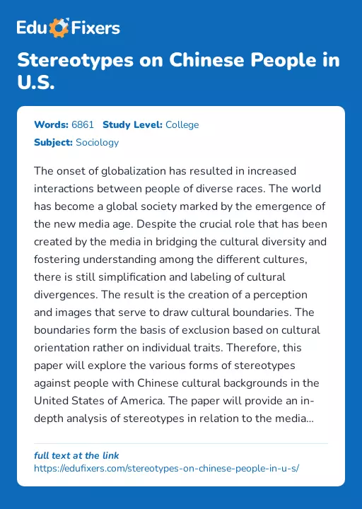 Stereotypes on Chinese People in U.S. - Essay Preview