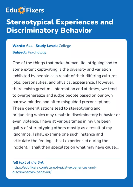 Stereotypical Experiences and Discriminatory Behavior - Essay Preview