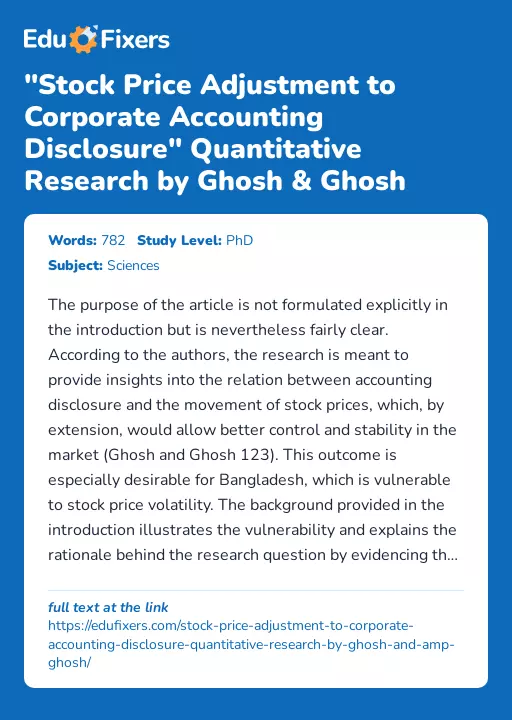 "Stock Price Adjustment to Corporate Accounting Disclosure" Quantitative Research by Ghosh & Ghosh - Essay Preview