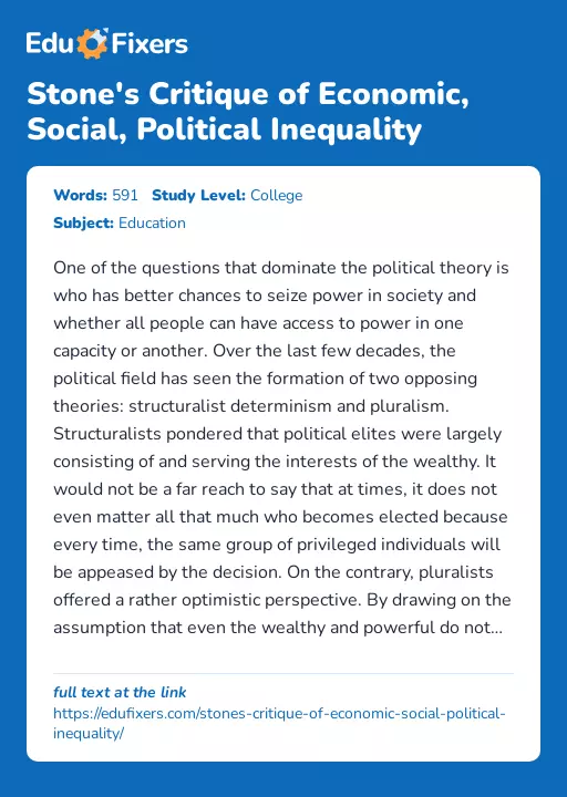 Stone's Critique of Economic, Social, Political Inequality - Essay Preview