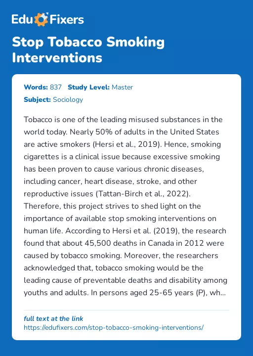 Stop Tobacco Smoking Interventions - Essay Preview
