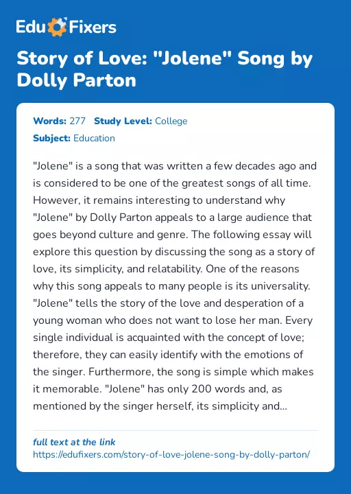 Story of Love: "Jolene" Song by Dolly Parton - Essay Preview