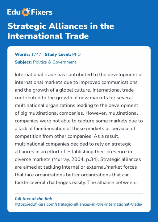 Strategic Alliances in the International Trade - Essay Preview