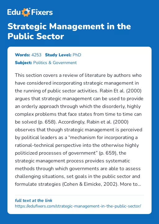 Strategic Management in the Public Sector - Essay Preview