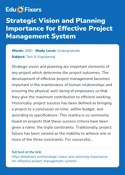 Strategic Vision and Planning Importance for Effective Project Management System - Essay Preview