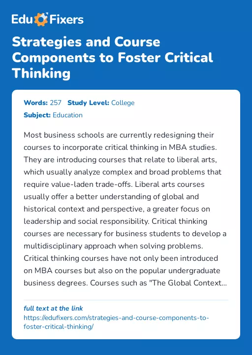 Strategies and Course Components to Foster Critical Thinking - Essay Preview