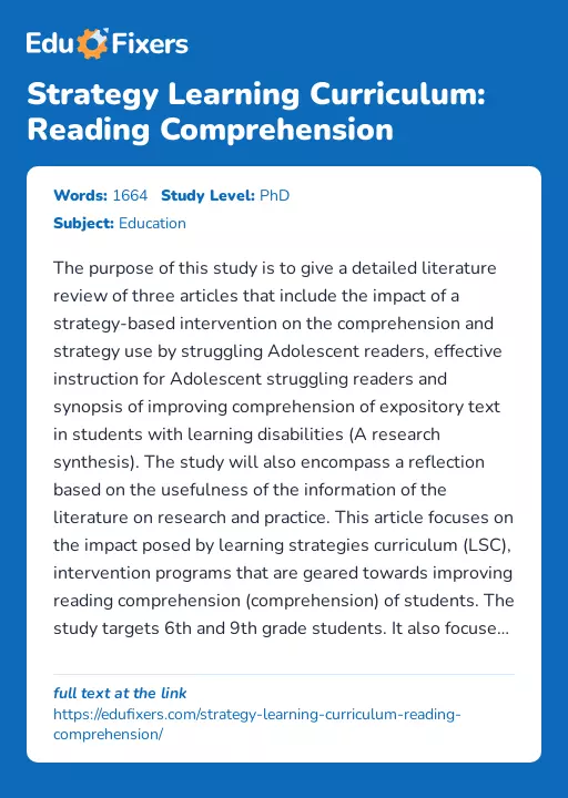 Strategy Learning Curriculum: Reading Comprehension - Essay Preview