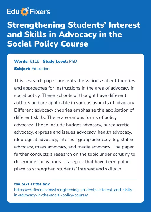 Strengthening Students’ Interest and Skills in Advocacy in the Social Policy Course - Essay Preview