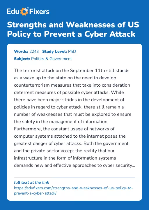 Strengths and Weaknesses of US Policy to Prevent a Cyber Attack - Essay Preview